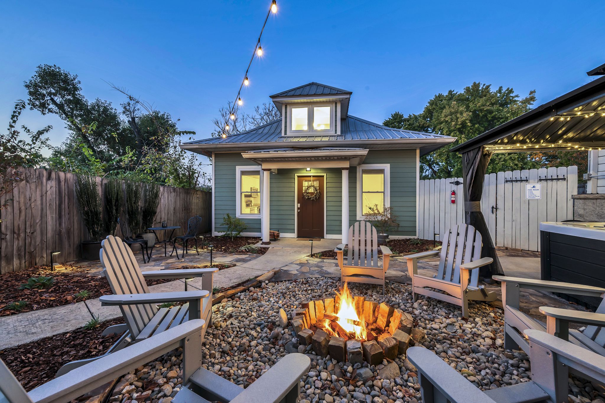 The Greenwood Guesthouse courtyard at dusk
